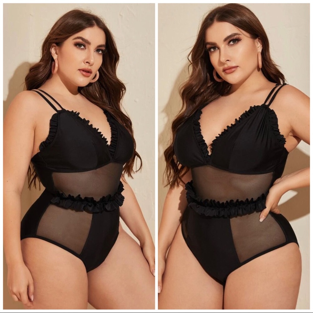 Ruffle One Piece Swimsuit in Black Mesh Patchwork - Picture 3 of 7